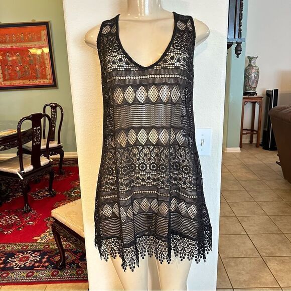 OP BLACK CROCHET LACE PULLOVER SLEEVELESS BEACH COVER UP XL (15-17) SEETHROUGH - Picture 2 of 10